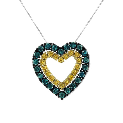 Front-facing close-up of a yellow metal heart-shaped necklace pendant with round blue and yellow gemstones in prong settings.