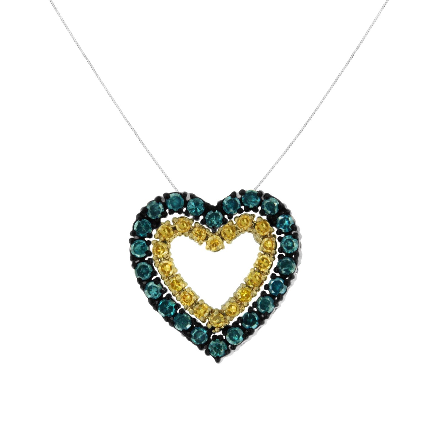 Front-facing shot of a yellow metal heart-shaped necklace pendant with round blue and yellow gemstones in prong settings.