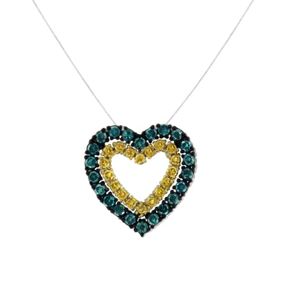 Front-facing shot of a yellow metal heart-shaped necklace pendant with round blue and yellow gemstones in prong settings.