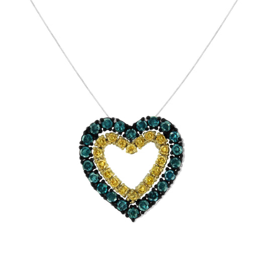 Front-facing shot of a yellow metal heart-shaped necklace pendant with round blue and yellow gemstones in prong settings.