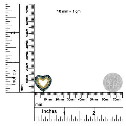 Close-up front angle of a yellow metal heart-shaped necklace pendant with yellow and blue round prong-set gemstones, shown on a ruler and scale for size reference.
