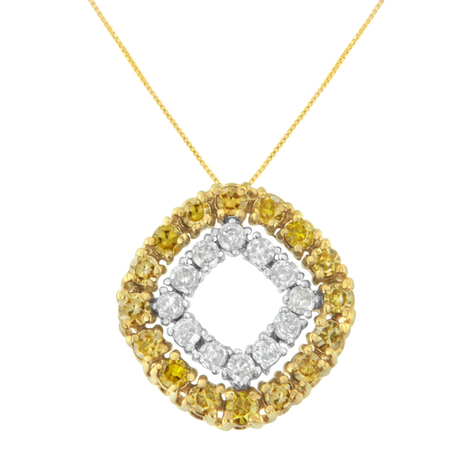 Front view of a necklace with a square pendant featuring an outer yellow metal frame set with round yellow gemstones and an inner white metal frame set with round white gemstones.