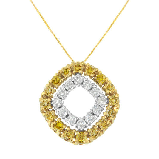 Front view of a necklace with a square pendant featuring an outer yellow metal frame set with round yellow gemstones and an inner white metal frame set with round white gemstones.