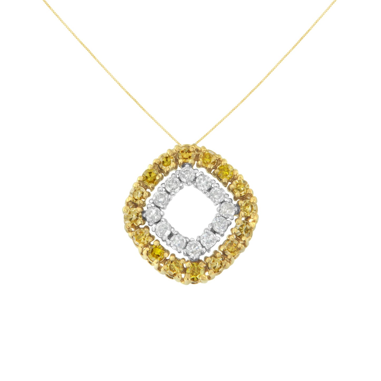 Front view of a necklace with a square pendant featuring an inner square of white gemstones set in white metal and an outer square of yellow gemstones set in yellow metal.