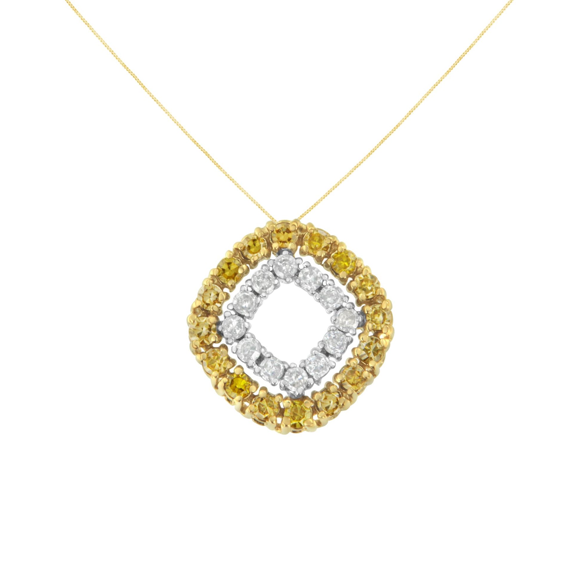 Front view of a necklace with a square pendant featuring an inner square of white gemstones set in white metal and an outer square of yellow gemstones set in yellow metal.
