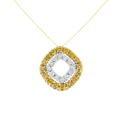Front view of a necklace with a square pendant featuring an inner square of white gemstones set in white metal and an outer square of yellow gemstones set in yellow metal.