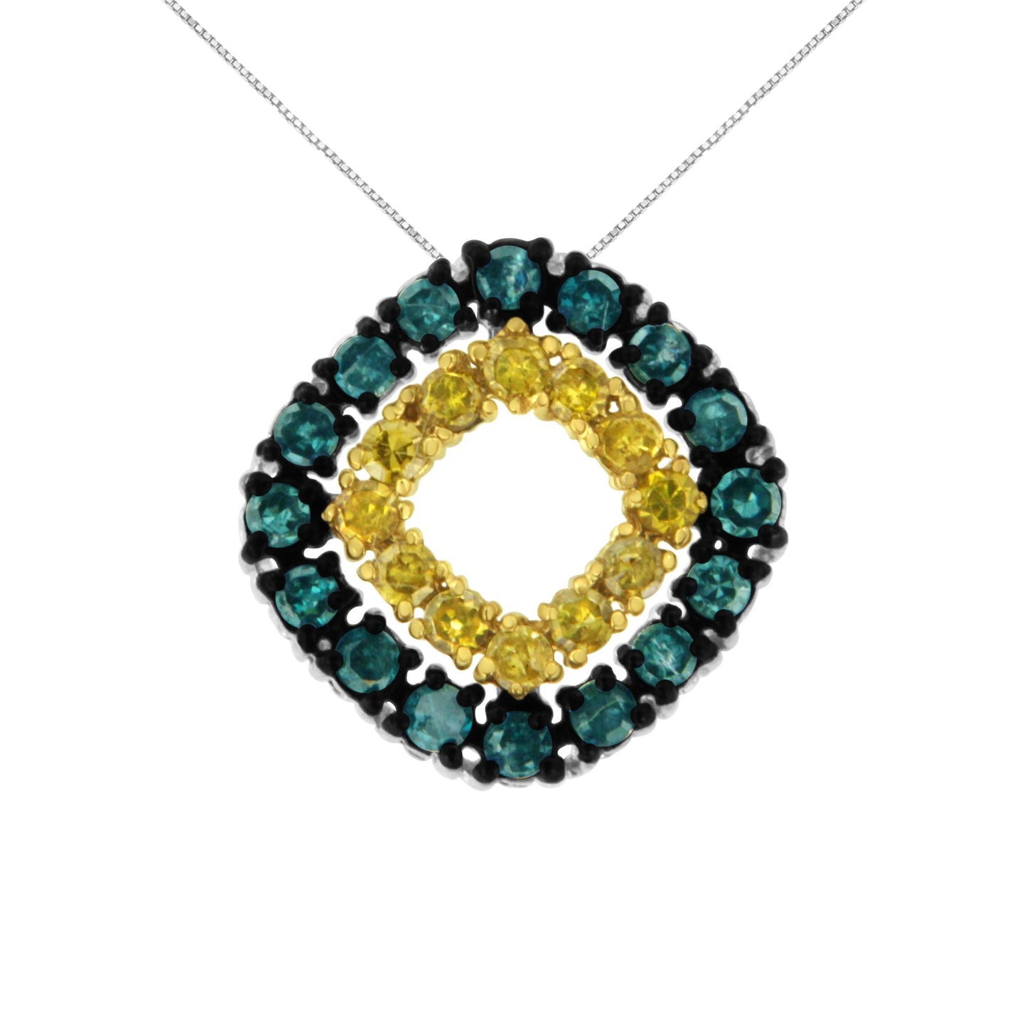 Front-facing close-up of a white metal necklace with a circular pendant featuring two rows of round prong-set gemstones, an outer row of blue gemstones and an inner row of yellow gemstones.