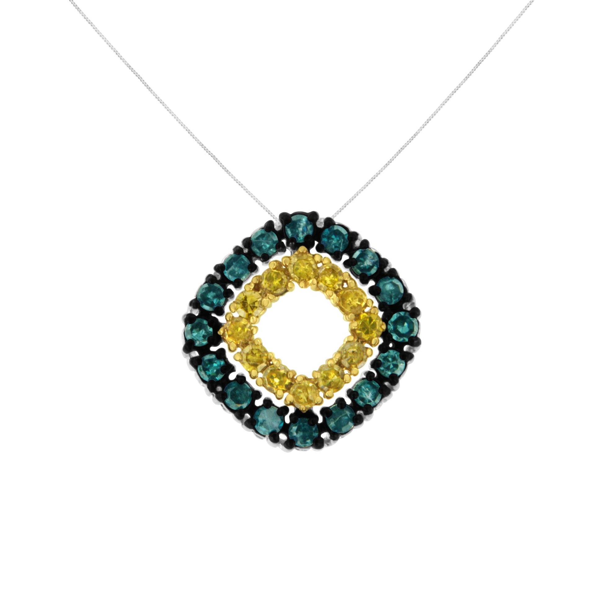 Front view of a white metal necklace with a square pendant featuring round prong set yellow and blue gemstones.