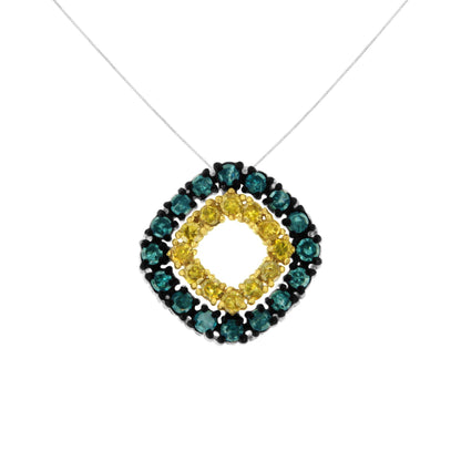 Front view of a white metal necklace with a square pendant featuring round prong set yellow and blue gemstones.