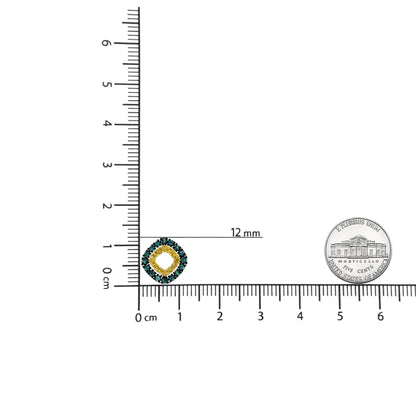Close-up front view of a white metal necklace pendant with round blue and white gemstones in prong settings, shown on a ruler and next to a coin for size reference.