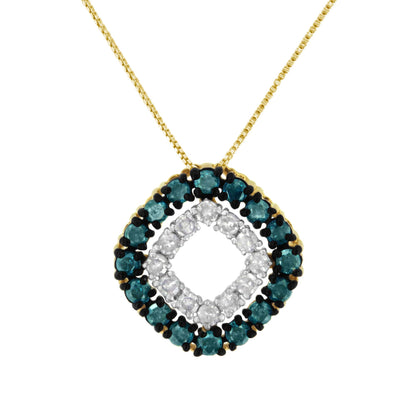 Yellow metal necklace with a diamond-shaped pendant featuring an inner row of white gemstones and an outer row of blue gemstones, shown in a front-facing view.