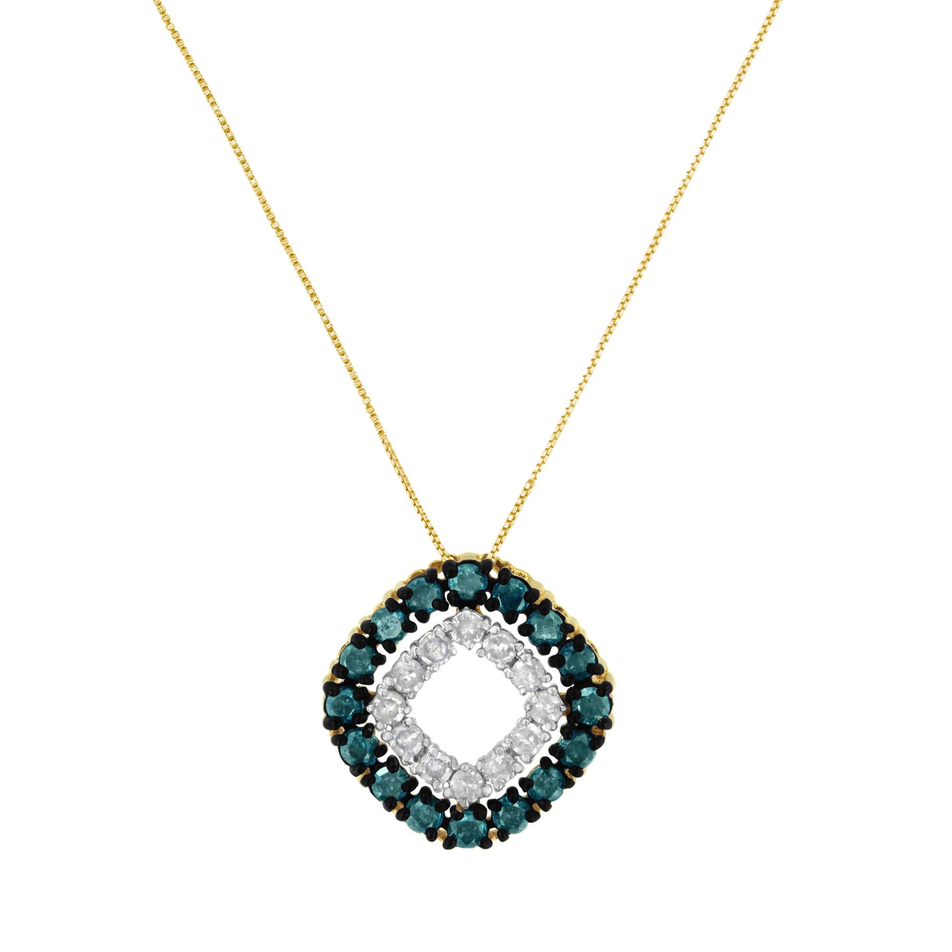Front view of a yellow metal necklace with a square-shaped pendant featuring an inner square of round white gemstones and an outer border of round blue gemstones in prong settings.