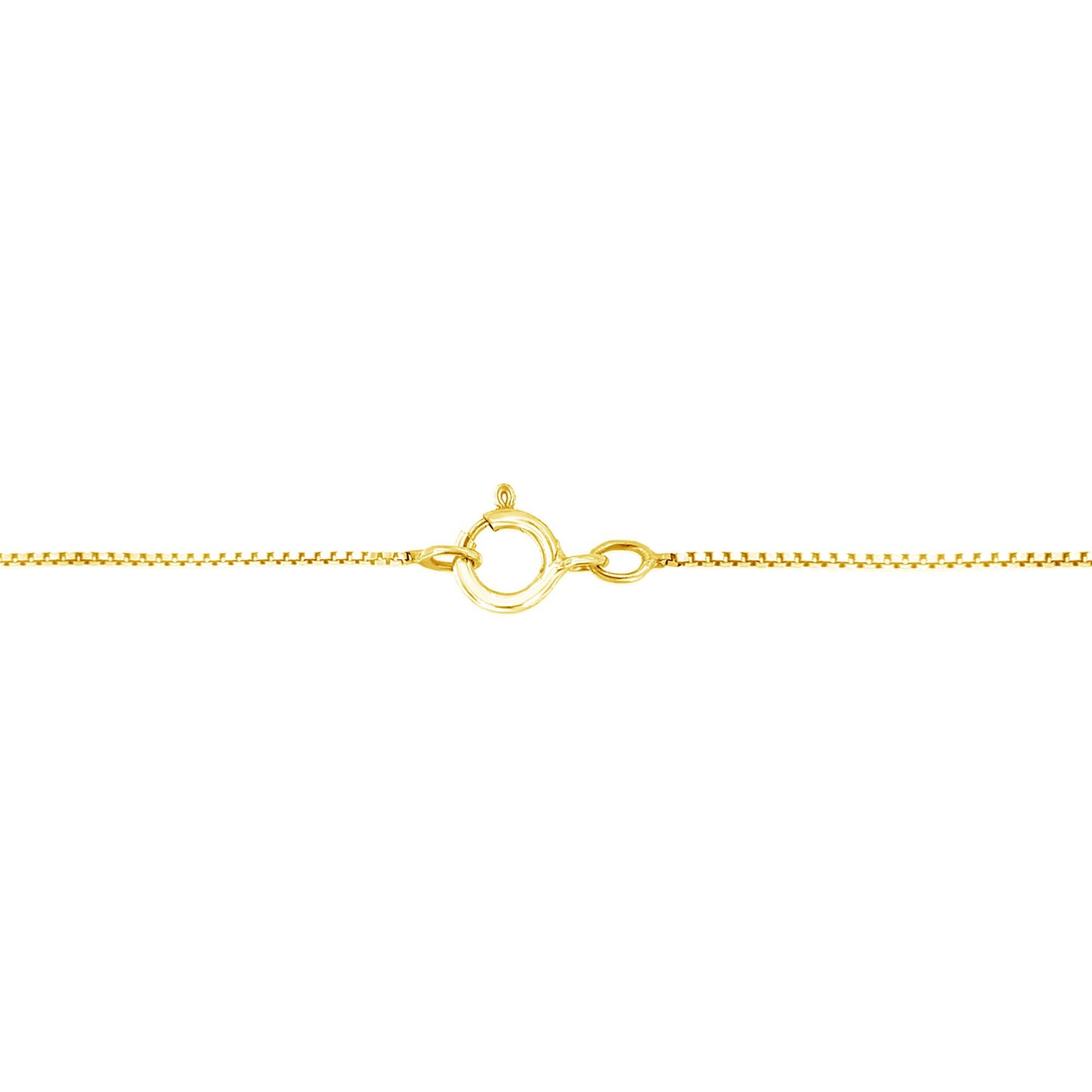 Close-up image of a yellow metal necklace clasp viewed from the front on a white background.