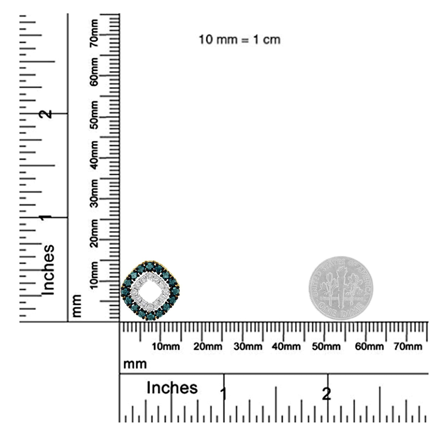 Yellow metal necklace pendant with round prong-set blue and yellow gemstones in a square-shaped design, shown on a ruler and scale for size reference, front angle.