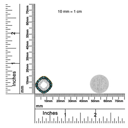 Yellow metal necklace pendant with round prong-set blue and yellow gemstones in a square-shaped design, shown on a ruler and scale for size reference, front angle.
