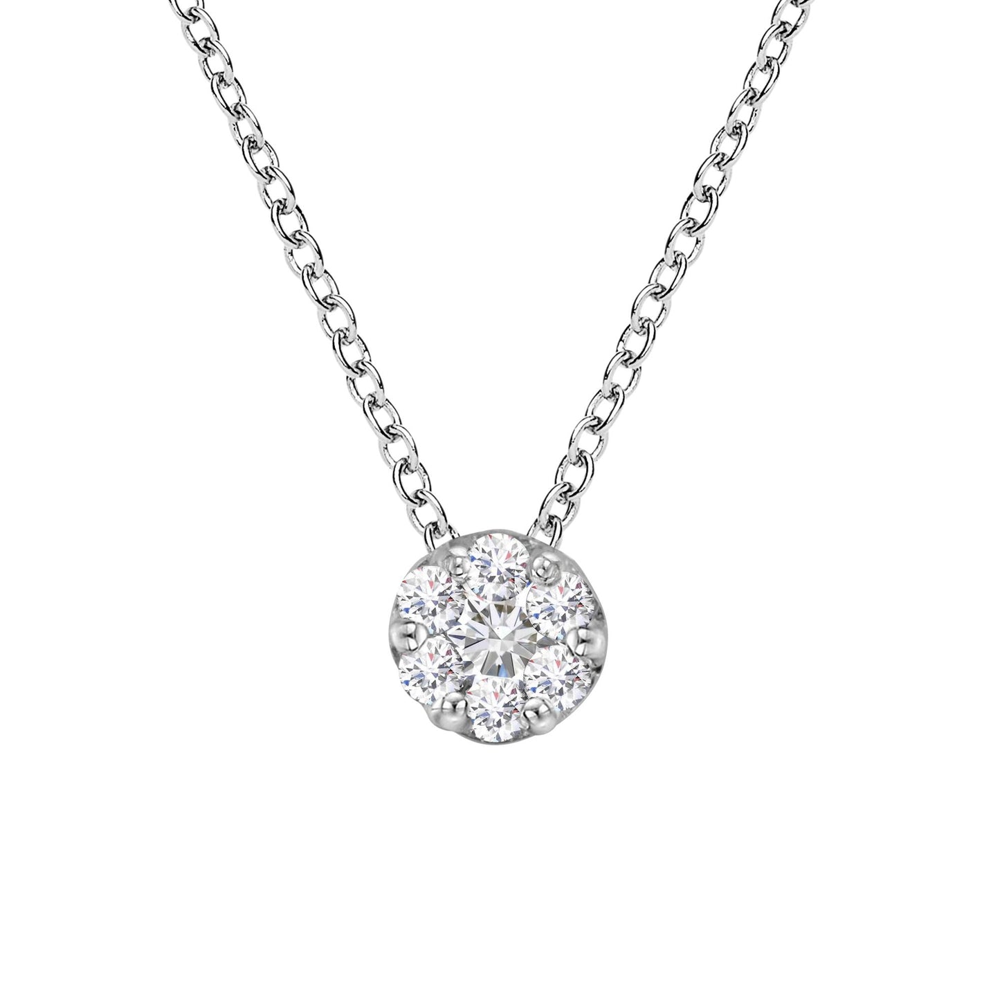 Close-up front view of a white metal necklace with a round cluster pendant featuring prong-set white round gemstones.