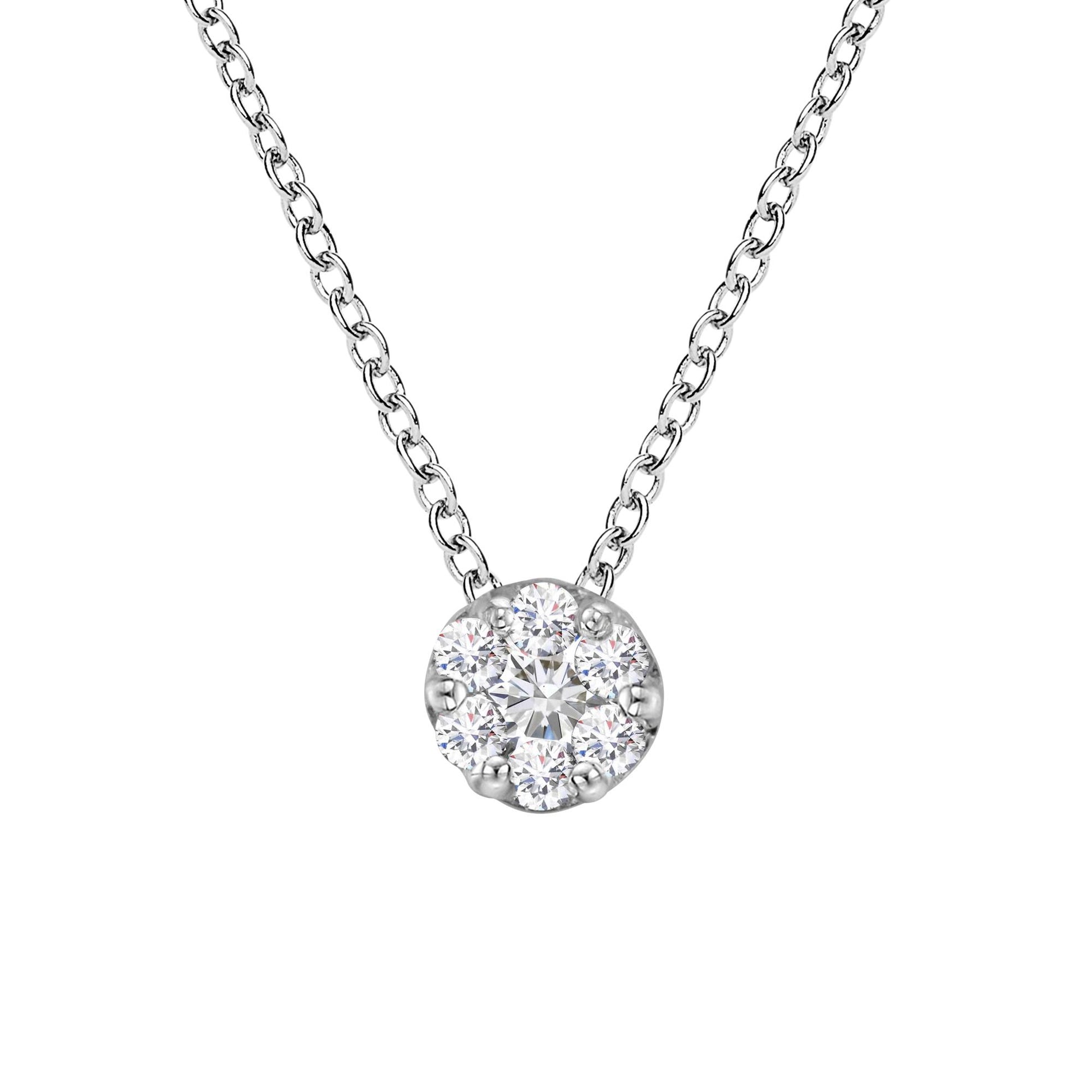 Close-up front view of a white metal necklace with a round cluster pendant featuring prong-set white round gemstones.