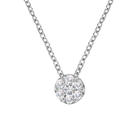 Close-up front view of a white metal necklace with a round cluster pendant featuring prong-set white round gemstones.