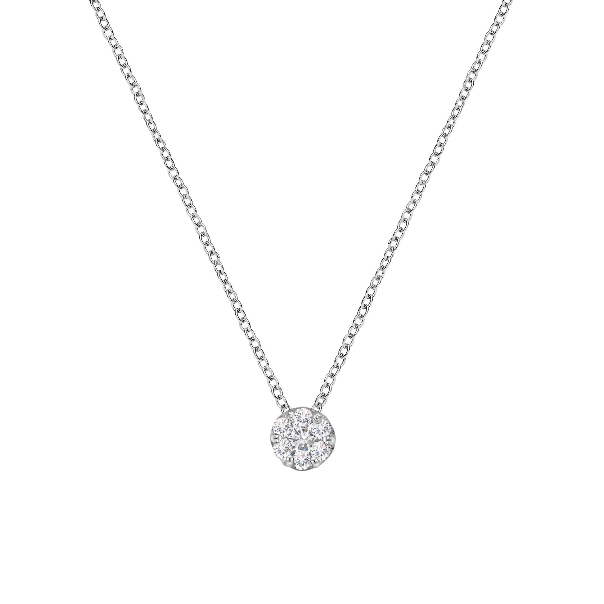 Front view of a white metal necklace with a pendant featuring a cluster of round white gemstones in a prong setting.