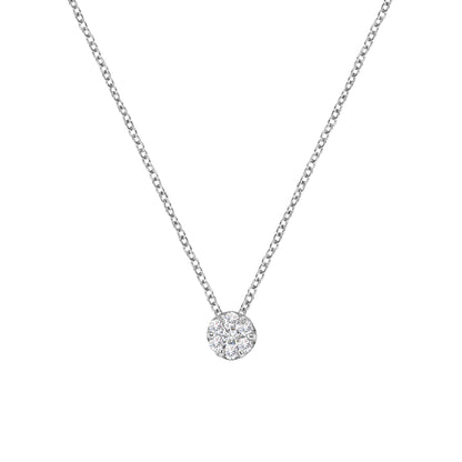 Front view of a white metal necklace with a pendant featuring a cluster of round white gemstones in a prong setting.