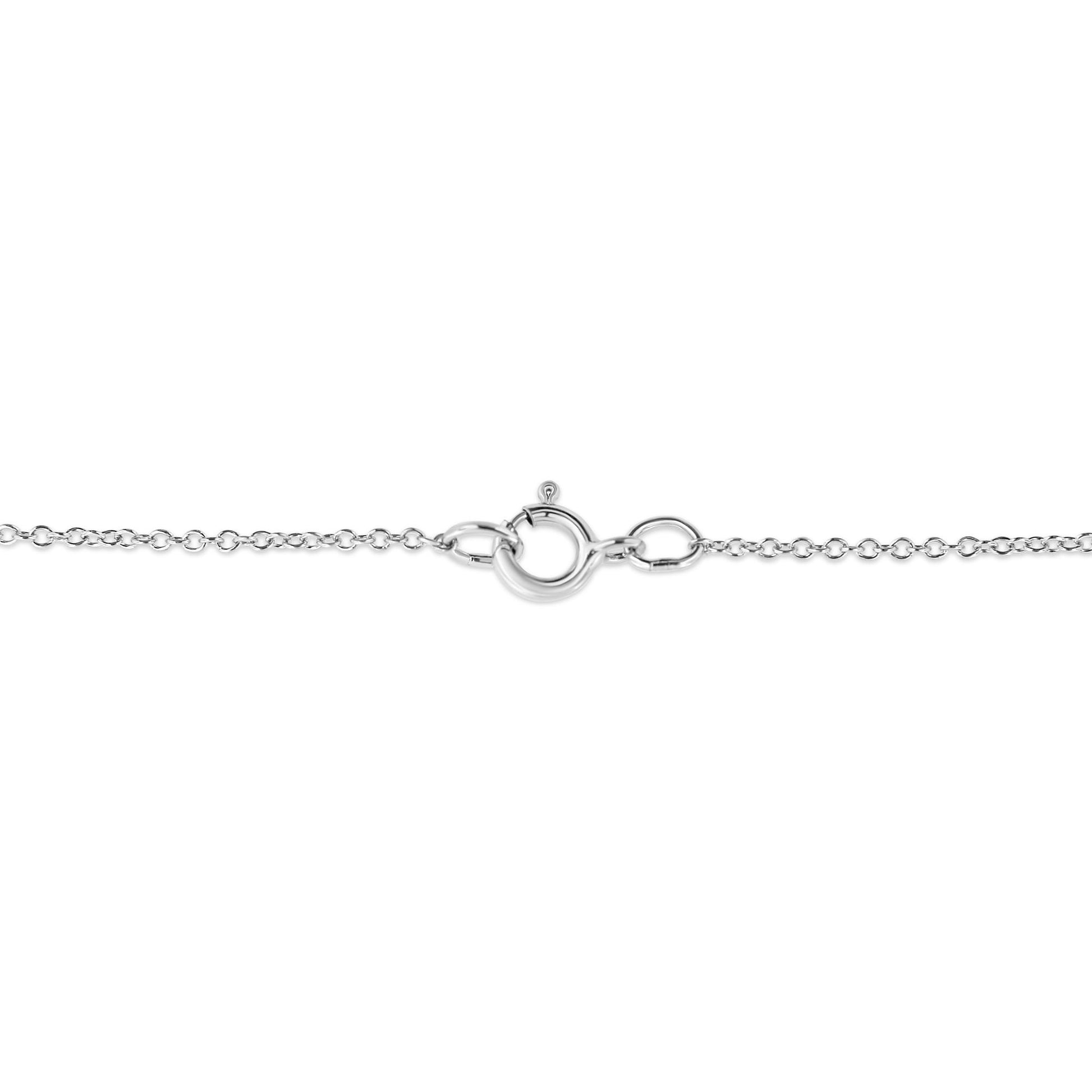 Close-up of a white metal necklace chain clasp viewed from the front on a white background.
