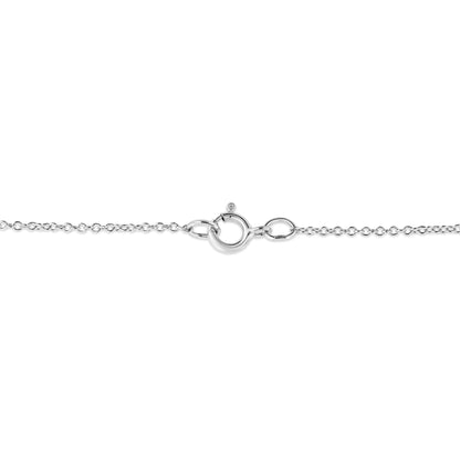 Close-up of a white metal necklace chain clasp viewed from the front on a white background.