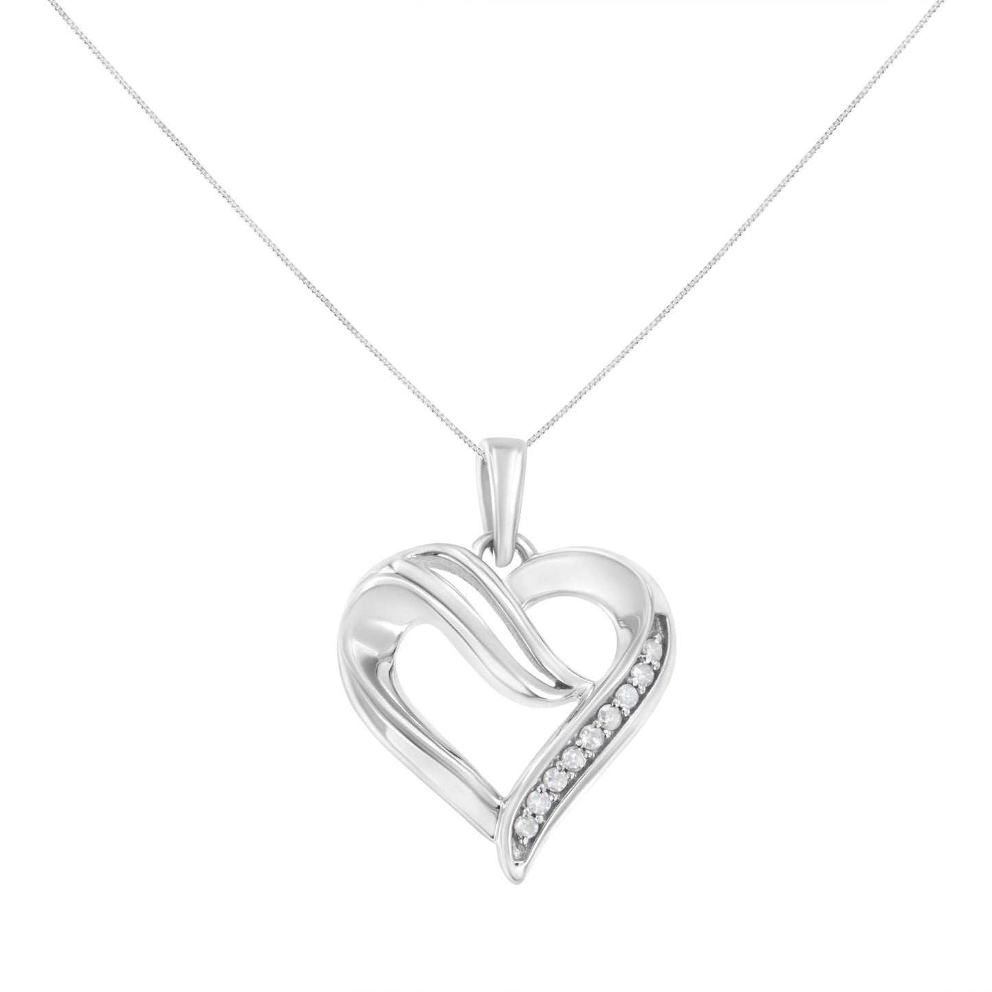 Front view of a white metal heart-shaped necklace pendant with a row of round white gemstones in prong settings along one side.