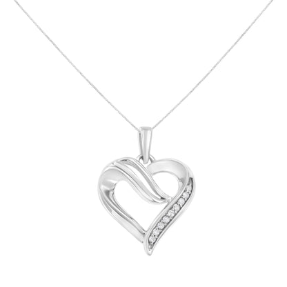Front view of a white metal heart-shaped necklace pendant with a row of round white gemstones in prong settings along one side.