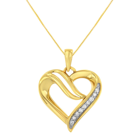 Yellow metal heart-shaped necklace pendant with a sweeping design, set with a row of round white gemstones on one side, shown in a front-facing close-up view.