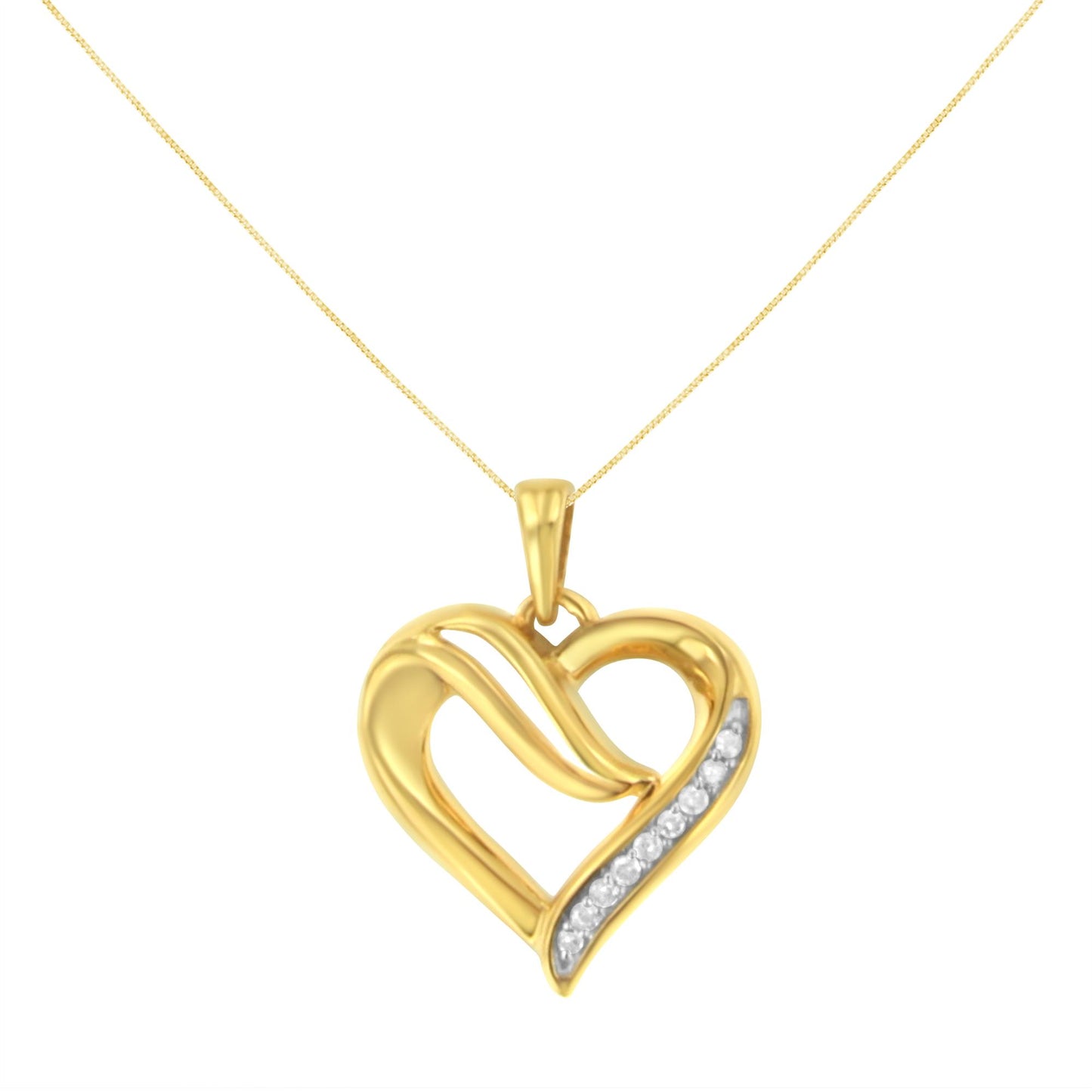 Front view of a yellow metal heart-shaped necklace pendant with a diagonal row of round white gemstones in prong settings.