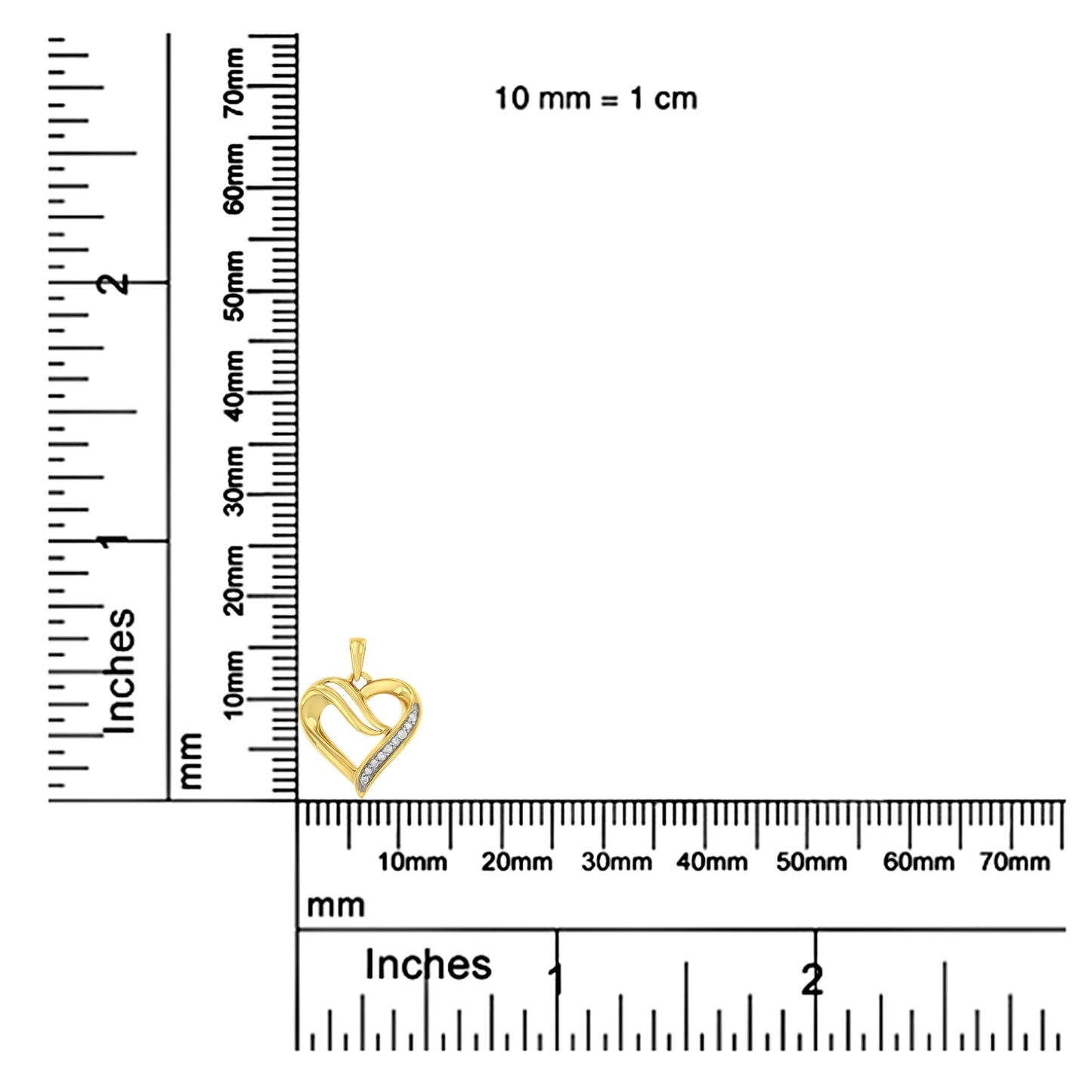 Yellow metal heart-shaped necklace pendant with curved design and a row of round white gemstones in prong setting, shown on a ruler for size reference, front view.