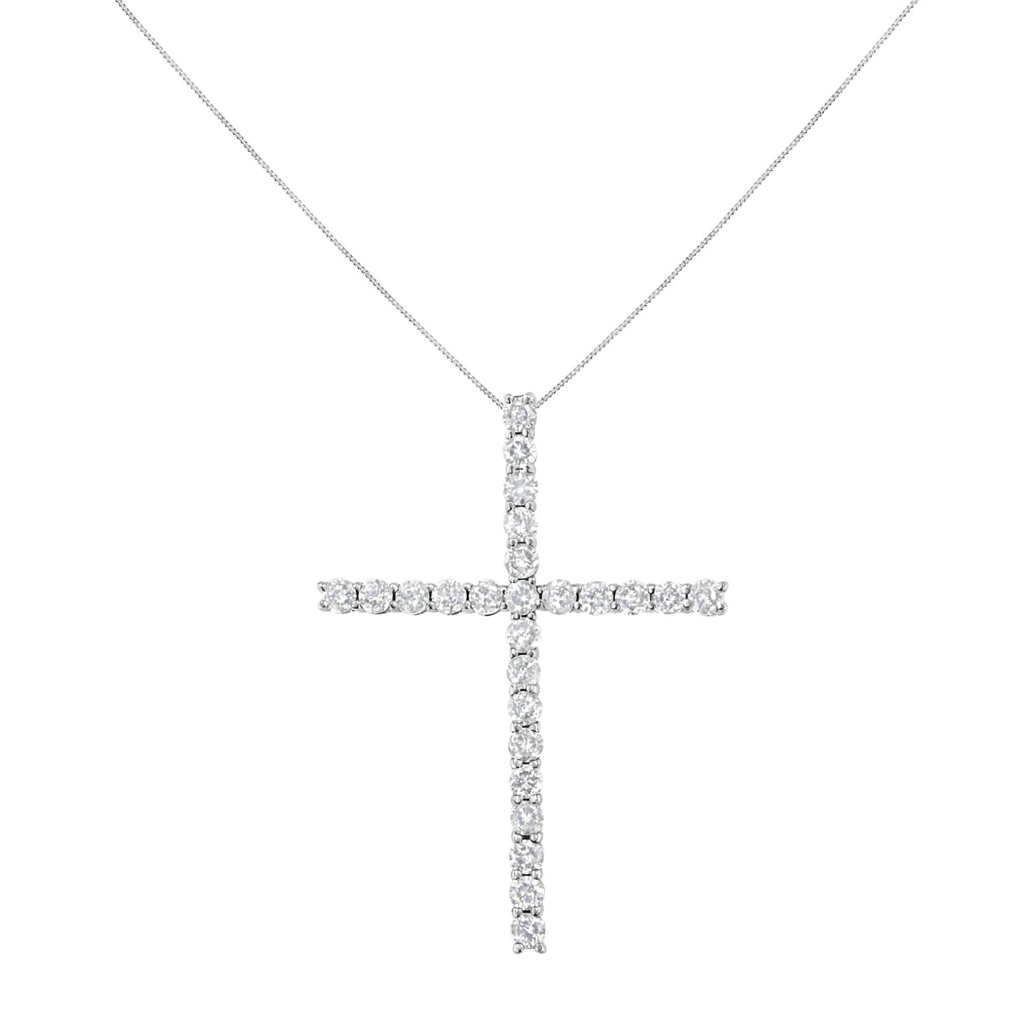 Front view of a white metal cross-shaped necklace pendant with round white gemstones in prong settings, suspended from a delicate chain.