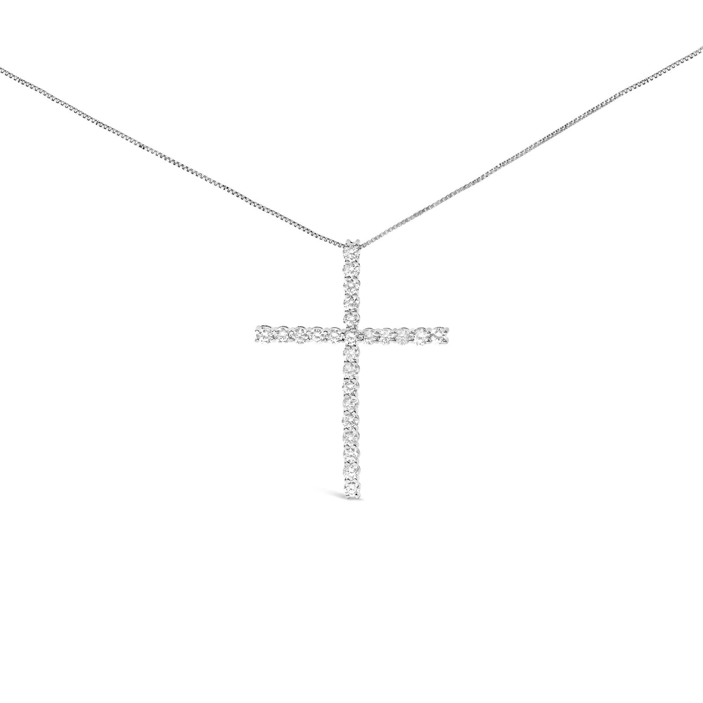 Front view of a white metal cross-shaped necklace pendant adorned with round prong-set white gemstones on a white metal chain.
