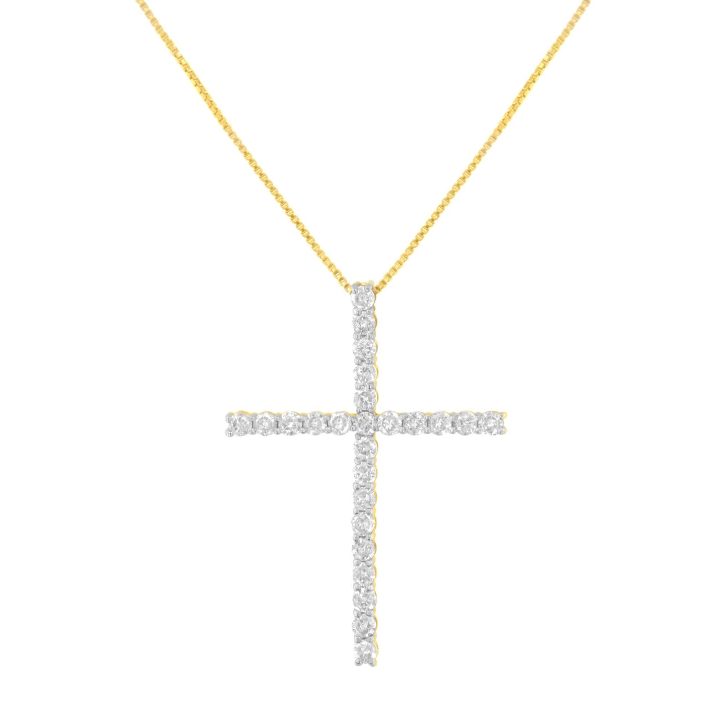 Front-facing shot of a yellow metal cross pendant necklace with round white gemstones in prong settings.