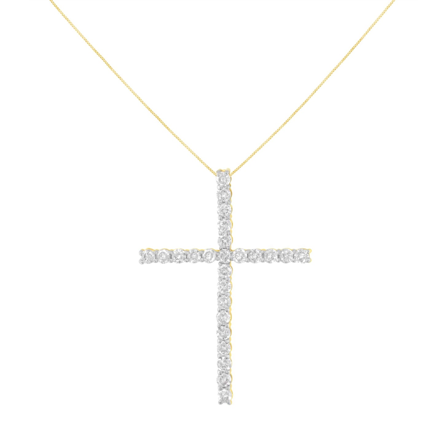 Front view of a yellow metal necklace with a cross pendant adorned with round white gemstones in prong settings.