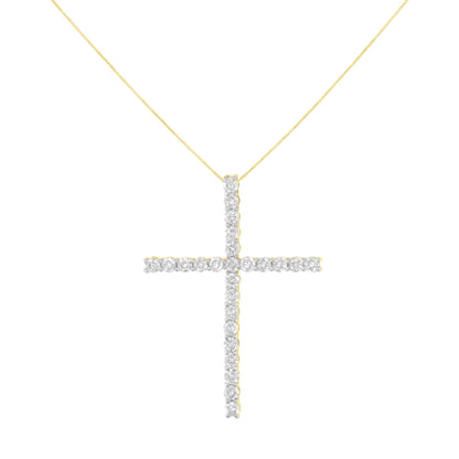 Front view of a yellow metal necklace with a cross pendant adorned with round white gemstones in prong settings.