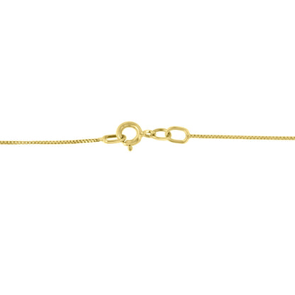 Close-up front view of a yellow metal necklace chain clasp.