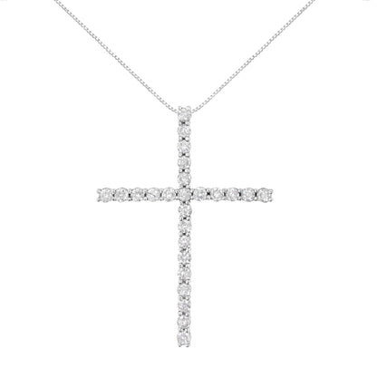 Front view of a white metal cross necklace pendant set with round white gemstones in prong settings on a chain.