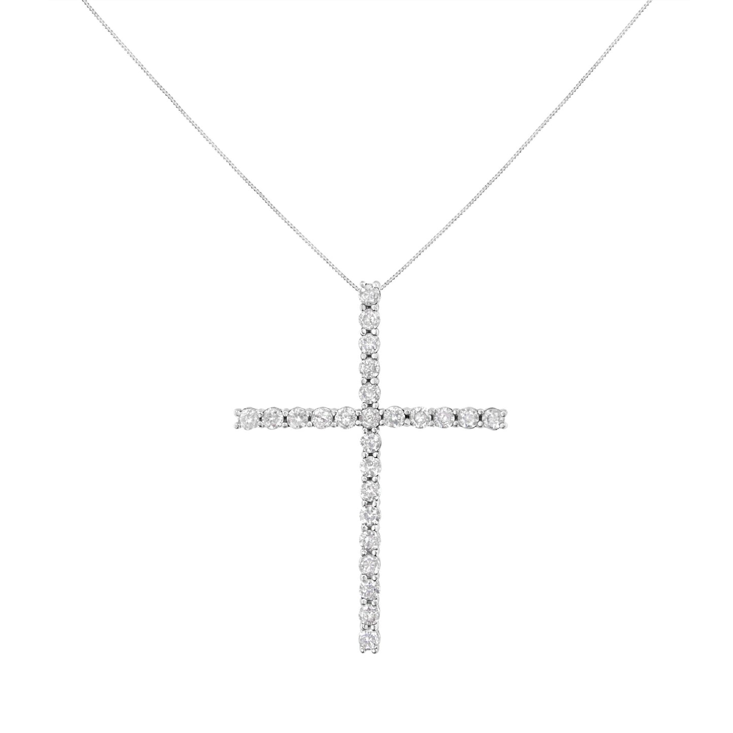 Front angle view of a white metal cross-shaped necklace pendant adorned with round white gemstones in prong settings, hanging from a fine chain.
