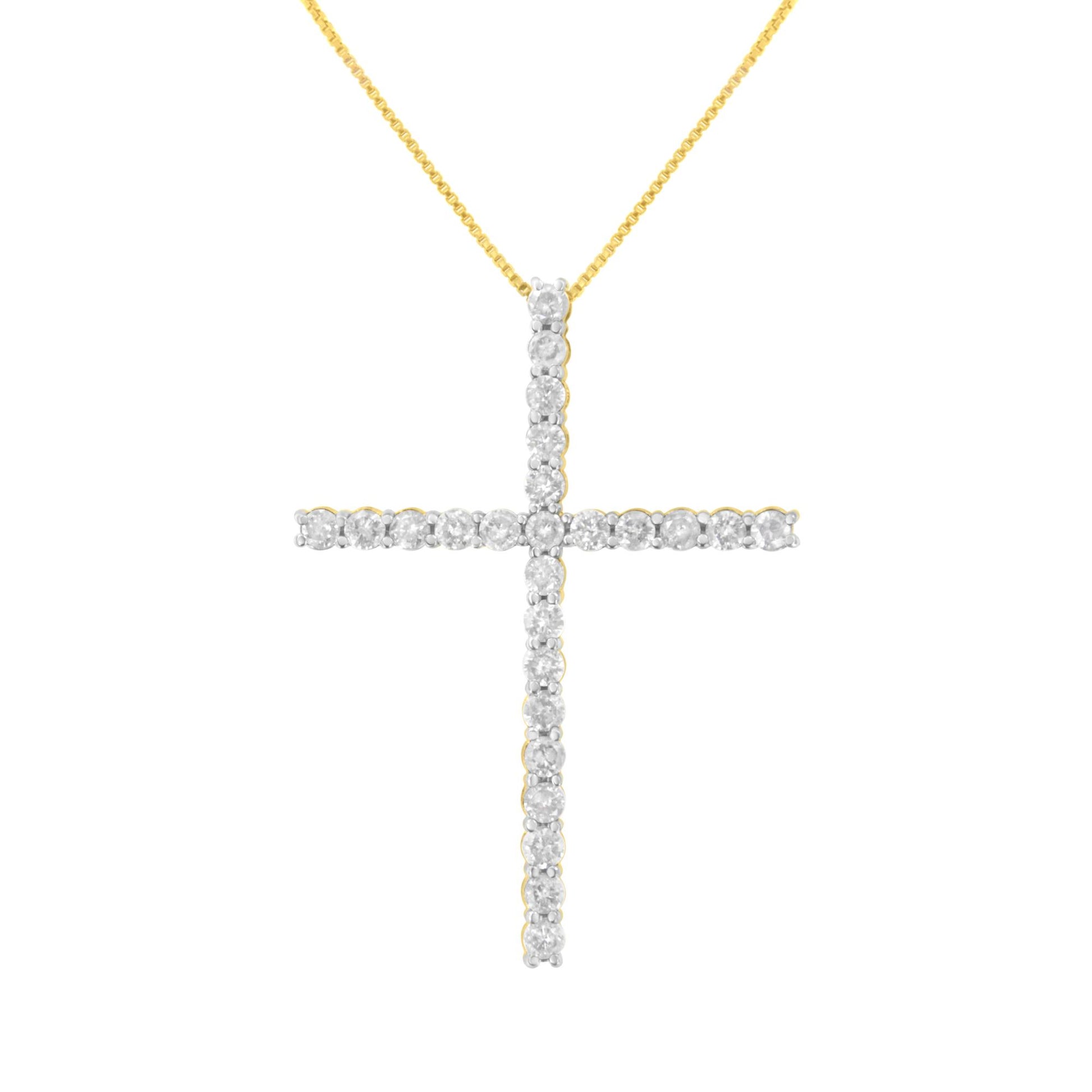 Front view of a yellow metal cross necklace pendant adorned with round white gemstones in prong settings.