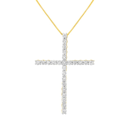 Front view of a yellow metal cross necklace pendant adorned with round white gemstones in prong settings.