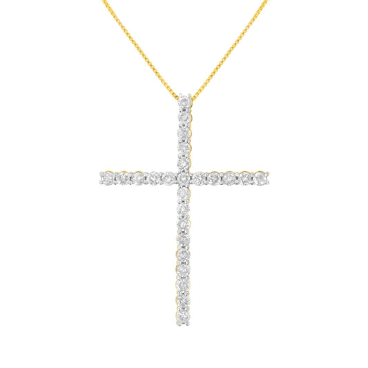 Front view of a yellow metal cross necklace pendant adorned with round white gemstones in prong settings.