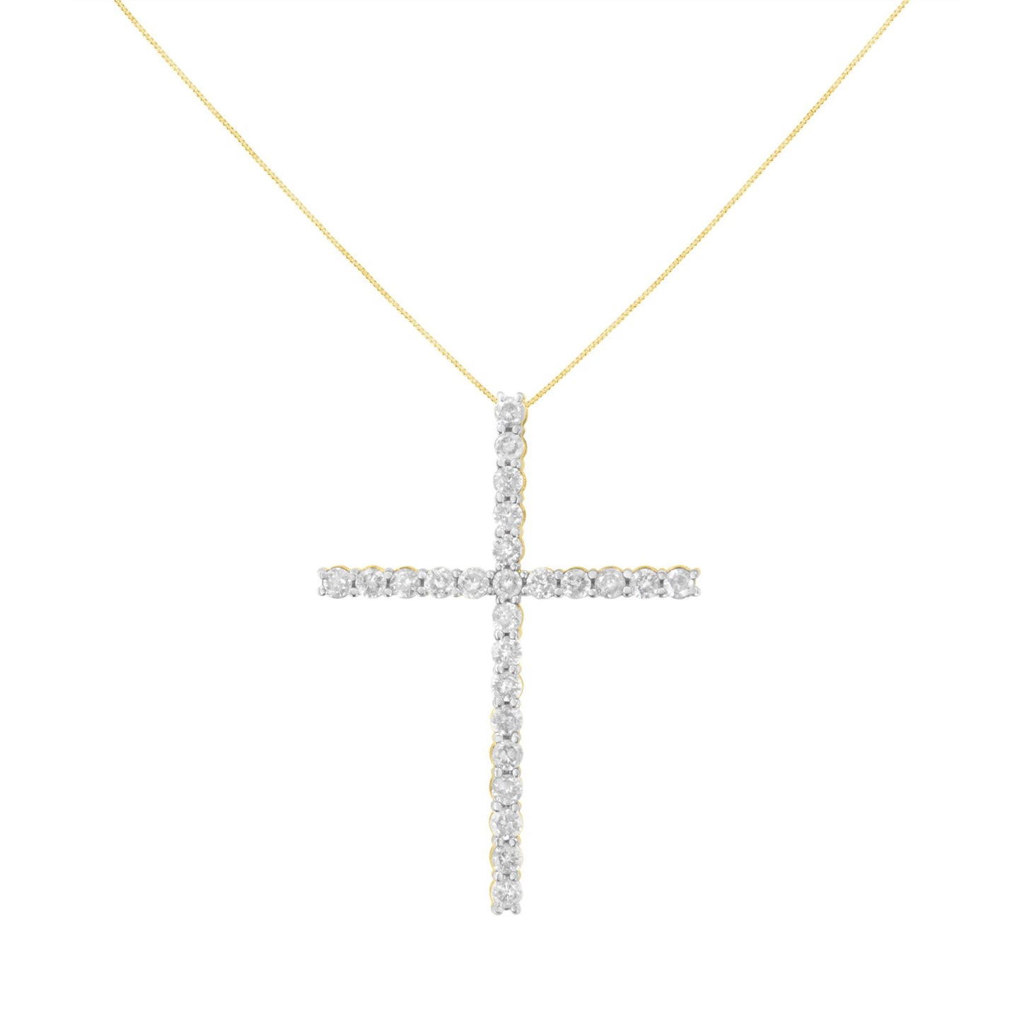 Front view of a yellow metal necklace with a cross-shaped pendant featuring round white gemstones in prong settings.
