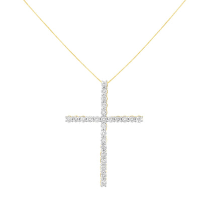 Front view of a yellow metal necklace with a cross-shaped pendant featuring round white gemstones in prong settings.