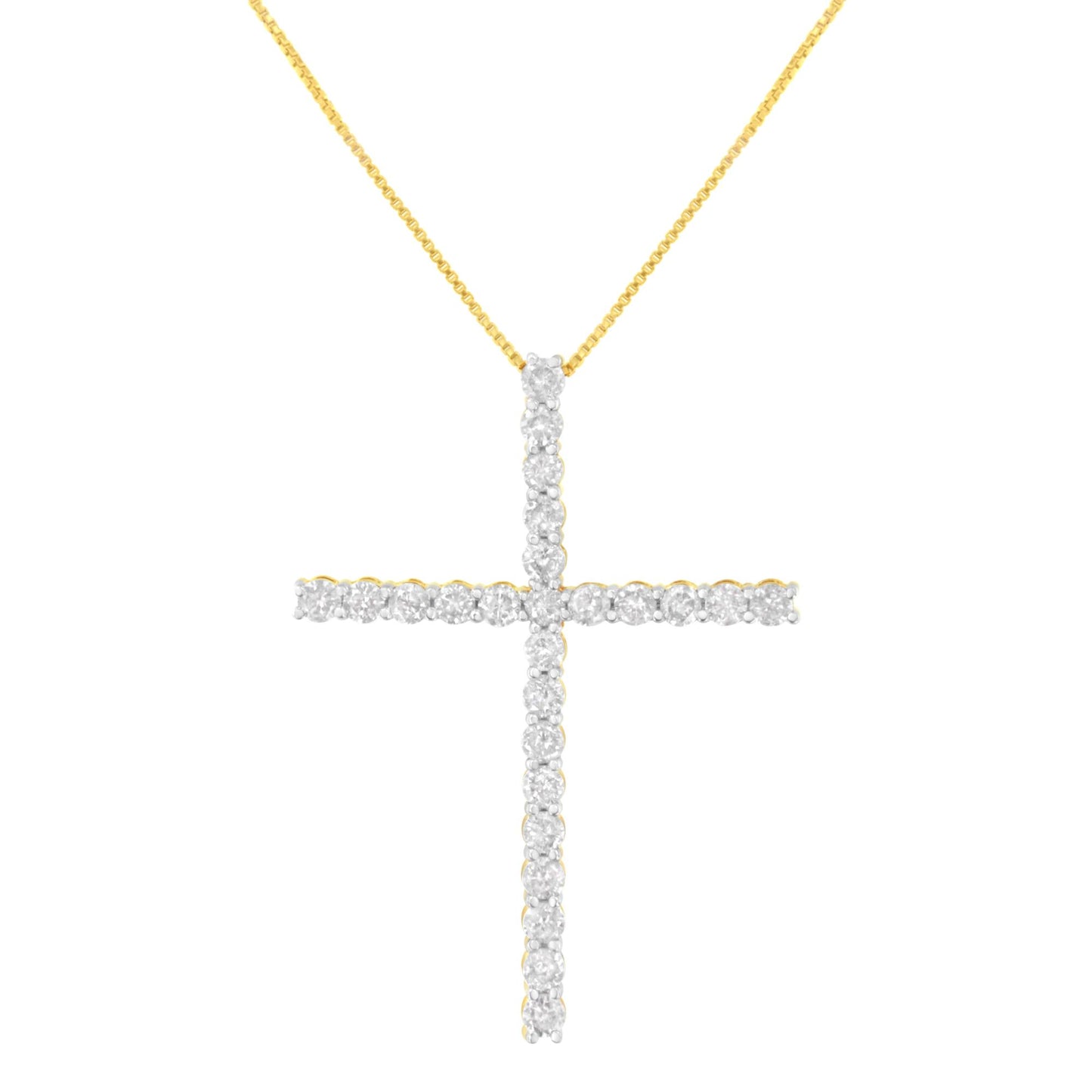 Front view of a yellow metal necklace featuring a cross pendant adorned with round white gemstones in prong settings.