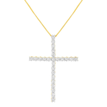 Front view of a yellow metal necklace featuring a cross pendant adorned with round white gemstones in prong settings.