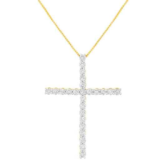 Front view of a yellow metal necklace featuring a cross pendant adorned with round white gemstones in prong settings.