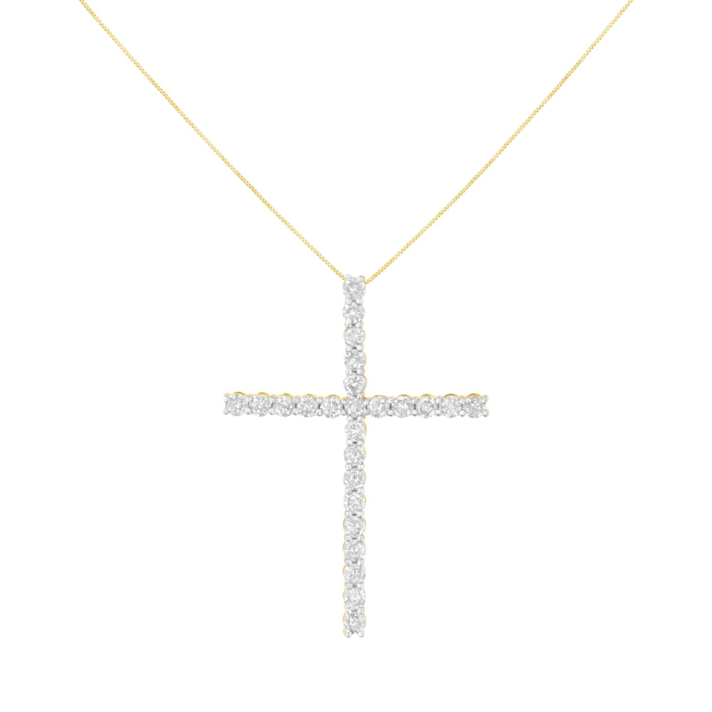 Front view of a yellow metal necklace with a cross-shaped pendant featuring multiple round-shaped, white gemstones in prong settings.