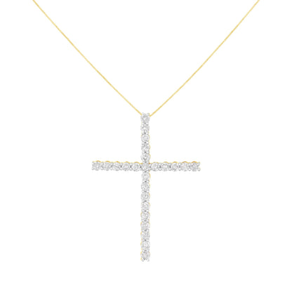 Front view of a yellow metal necklace with a cross-shaped pendant featuring multiple round-shaped, white gemstones in prong settings.