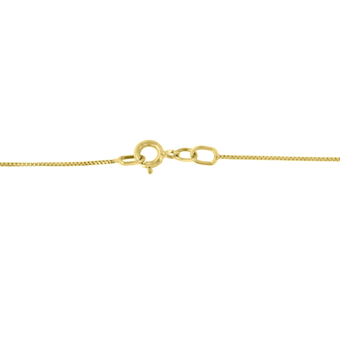Close-up image of a yellow necklace clasp and chain viewed from the front.
